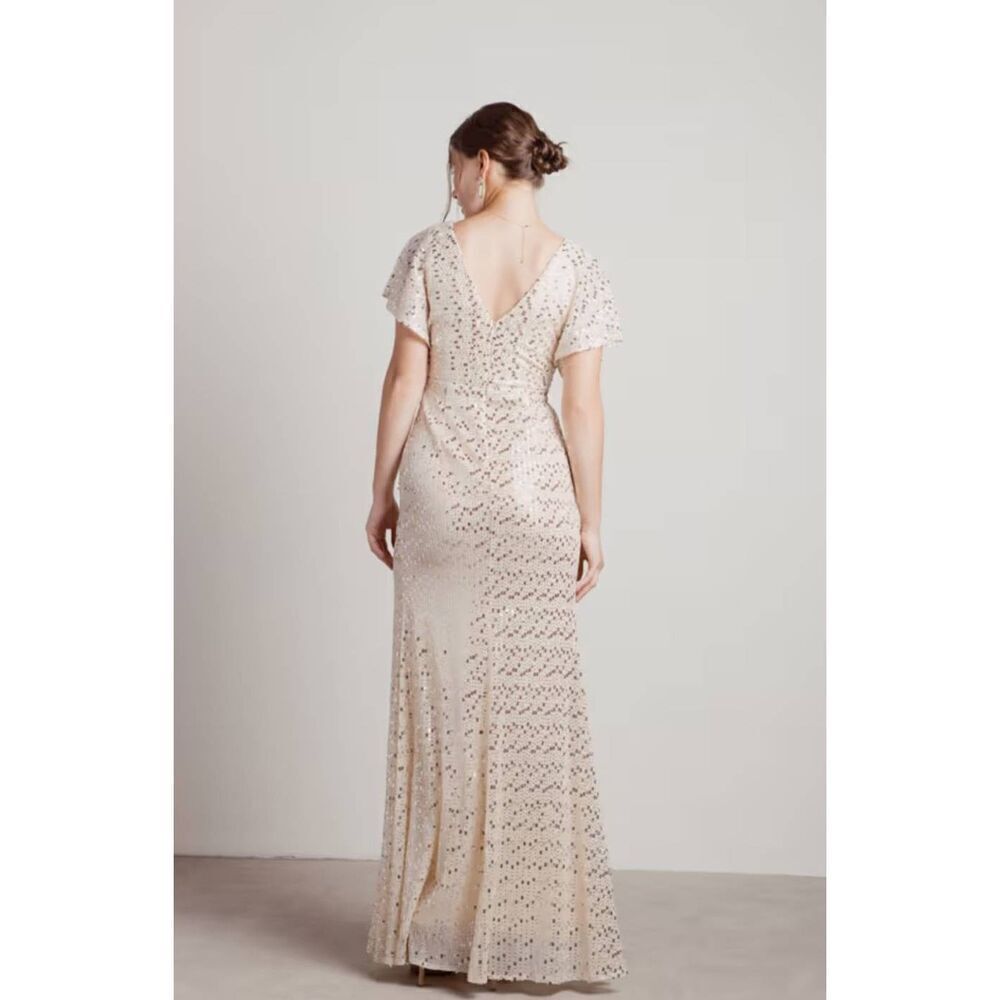 Maniju Nude/Silver Sequin Flutter Sleeve, Faux Wrap Empire Waist Gown, Pre-Owned